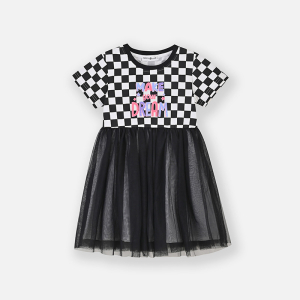 [1件3折]铅笔俱乐部2025夏装新款女小童连衣裙儿童格子拼接网纱裙宝宝裙子