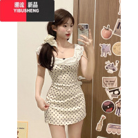 YIBUSHENG小飞袖法式波点吊带连衣裙子女季2024新款小个子收腰甜辣妹短裙