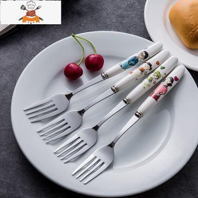 304不锈钢陶瓷长柄勺子网红勺卡通吃饭可爱儿童汤勺家用调羹汤匙 敬平 一家四口叉子4支装(410钢)