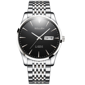 梭伦(SOLLEN)手表男超薄新款正品自动机械表夜光防水镶钻商务时尚休闲潮流简约双日历男表SL9030