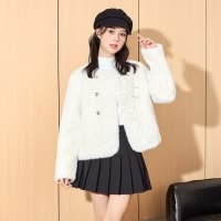 [2.5折价250元]唐狮冬季新款女新中式小香风白色气质韩系圆领仿水貂毛外套女