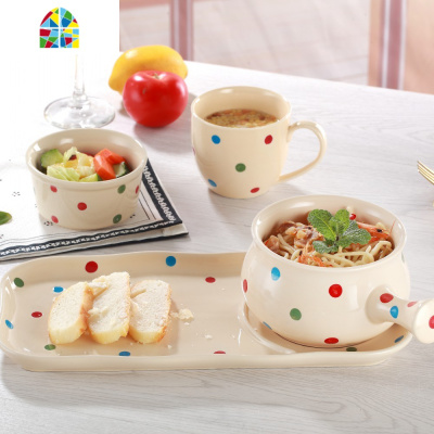 早餐组合餐具碗碟套装创意手柄碗汤碗碗筷碗盘家用个性一人食单人 FENGHOU [10件套]浪漫米红