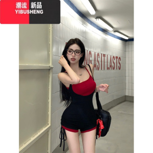 YIBUSHENG假两件撞色吊带连体裤女季紧身辣妹休闲裤子设计感高腰连衣短裤 图片色 均码