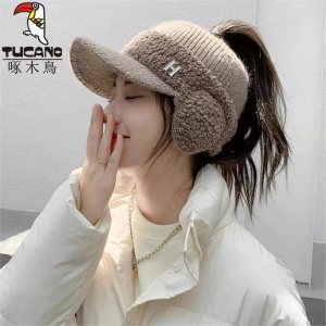 啄木鸟帽子女秋冬毛线帽加厚保暖户外骑车护耳女士空顶棒球帽冬天