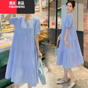 YIBUSHENG季新款微胖mm遮肚显瘦气质V领连衣裙女韩版宽松大码减龄长裙子