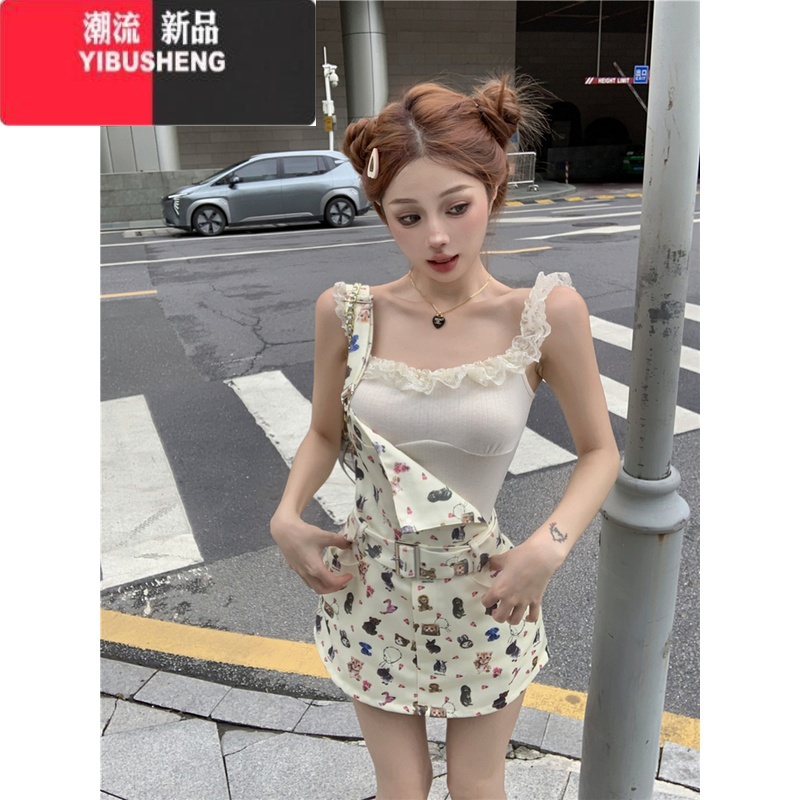 YIBUSHENG卡通印花无袖背带连衣裙女季修身甜美短裙小众收腰显瘦包臀裙子