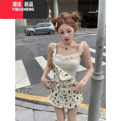 YIBUSHENG卡通印花无袖背带连衣裙女季修身甜美短裙小众收腰显瘦包臀裙子
