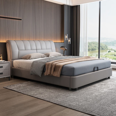 意式真皮床轻奢现代简约主卧室双人床实木加厚储物床家用软包婚床