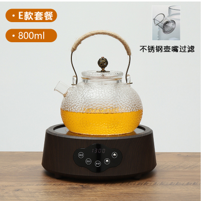 乐么电陶炉新款煮茶器家用多功能迷你小型电磁炉电热烧水煮茶炉[木纹色单炉+E款高硼玻璃壶800ML]