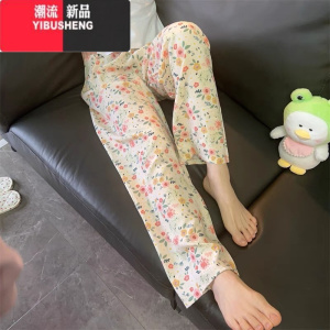 YIBUSHENG新款睡裤七分裤女人造棉绸薄春宽松休闲卡通百搭沙滩裤家居裤
