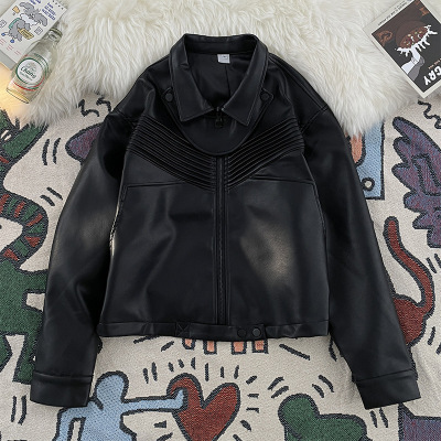 男装潮牌PU皮夹克春秋季新款翻领休闲时尚皮衣夹克痞帅黑色外套男