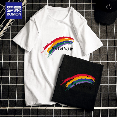 罗蒙（ROMON）短袖T恤圆领潮流T恤打底衫2021夏季大码纯棉新款短袖T恤男宽松体恤印花情侣款百搭