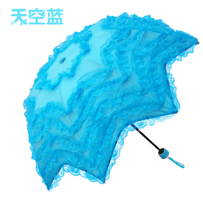 多层唯美太阳拱形公主伞三折叠遮阳伞防晒防紫外线黑胶晴雨蕾丝伞天空蓝群芳吐艳
