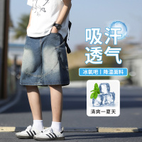 宽松直筒港风牛仔裤男生基础款5分裤男百搭口袋松紧水洗中裤 男装