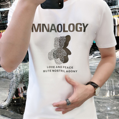 夏季短袖T恤男修身烫钻小熊百搭丝光棉男式欧货潮牌ins抖音