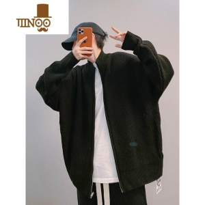 YANXU立领慵懒风拉链针织开衫大码宽松休闲纯色加厚毛衣外套男生潮