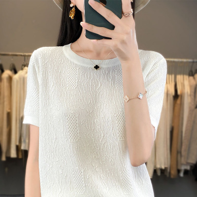 浮提花针织短袖女夏季新款圆领冰丝打底半袖宽松上衣T恤