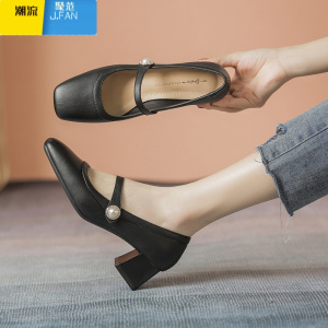 聚范一字带玛丽珍鞋女2024早春新款粗跟浅口单鞋女复古旗袍汉服高跟鞋