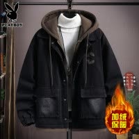 花花公子假两件牛仔外套男士秋冬季潮流痞帅加绒保暖夹克上衣服男