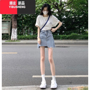 YIBUSHENG季可盐可甜辣妹小个子穿搭白色t恤牛仔半身短裙活泼两件套装女