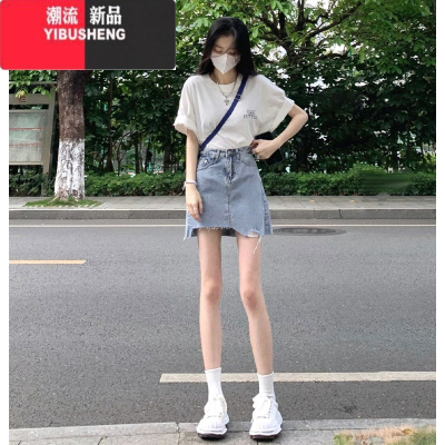 YIBUSHENG季可盐可甜辣妹小个子穿搭白色t恤牛仔半身短裙活泼两件套装女