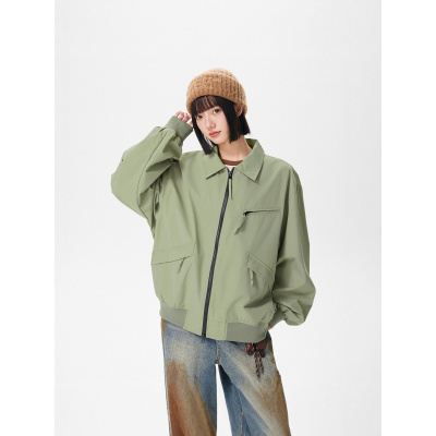 春秋季美式夹克男士新款翻领男女同款外套纯色双头拉链飞行服