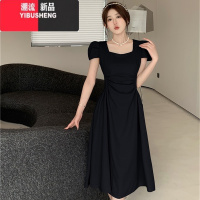 YIBUSHENG大码法式方领蓝色连衣裙女季胖mm显瘦遮肉气质收腰泡泡袖a字裙