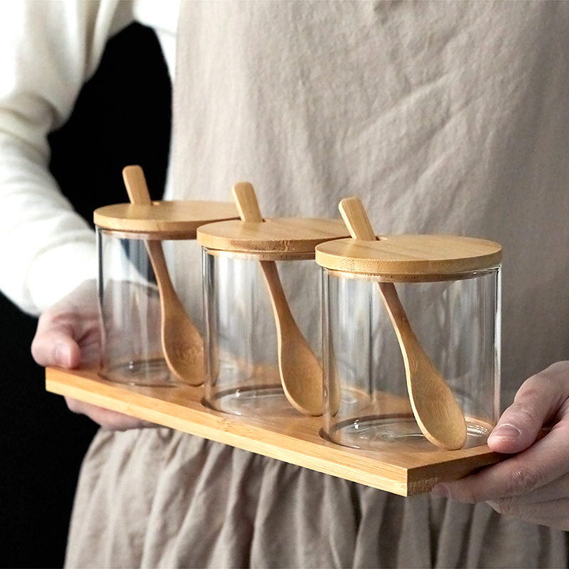 日式高硼硅玻璃调味罐套装 创意竹木盐糖储存罐子厨房鸡精调料罐