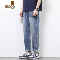 YANXU牛仔裤男士2023新款水洗潮牌宽松直筒浅色九分休闲长裤子夏季薄款