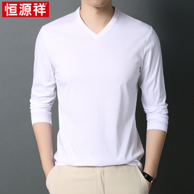 恒源祥长袖t恤男鸡心V领新疆纯棉秋冬白色内衣打底男士体恤衫