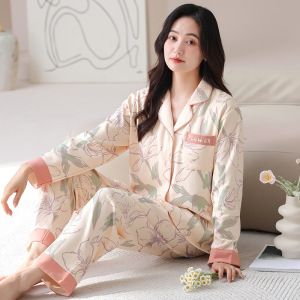 春秋季新款长袖开衫家居服棉质睡衣女款休闲宽松翻领两件套可外穿
