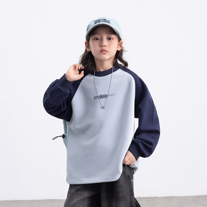 男童秋冬加绒卫衣潮酷新款百搭拼色中大儿童男孩宽松打底上衣