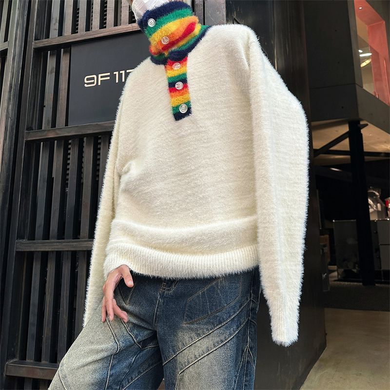 男装潮牌水貂毛彩虹高领针织衫毛衣春秋季新款情侣撞色慵懒风上衣