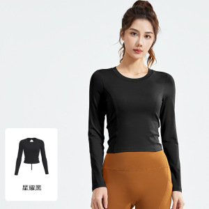 新款美背瑜伽服女褶皱修身健身上衣自带胸垫跑步运动长袖