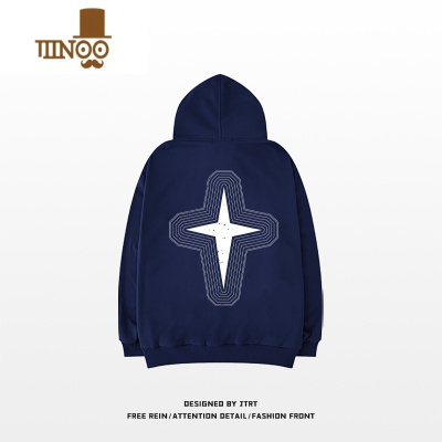YANXUins潮牌四角星印花连帽套头卫衣男hiphop美式嘻哈风加绒外套