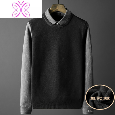 YUANSU秋冬季假两件男毛衣加绒加厚衬衫领新款套头针织衫保暖内搭打底衫毛衣