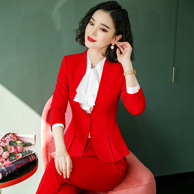 岚心云红色西装套装女秋冬时尚气质职业装正装西服三件套装师工作服
