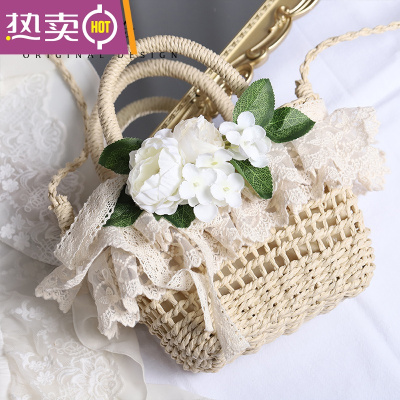 NEWLAKE手提包纸草编织原创手作蕾丝花朵Lolita软妹田园风2021新款沙滩包
