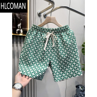 HLCOMAN轻奢潮牌千鸟格短裤男宽松四分沙滩裤豹纹复古休闲裤夏季运动短裤