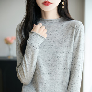 法式软糯花纱长袖针织打底衫女圆领长袖毛衣新款精纺毛衫上衣