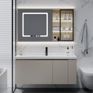 (送入户安装)汉德斯科免漆实木智能镜柜浴室柜组合一体陶瓷盆带侧边格子洗漱台洗手盆洗脸盆柜卫浴柜吊柜挂墙式6046