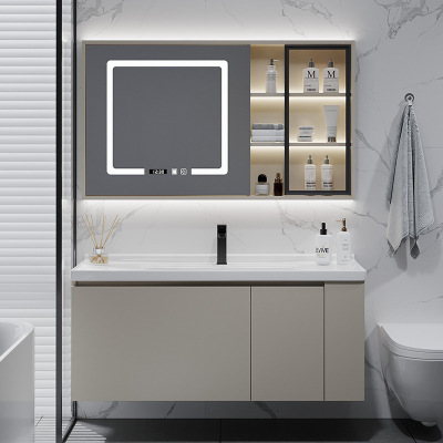 (送入户安装)汉德斯科免漆实木智能镜柜浴室柜组合一体陶瓷盆带侧边格子洗漱台洗手盆洗脸盆柜卫浴柜吊柜挂墙式6046