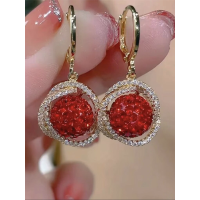 微镶满钻设计红色球球耳圈耳扣优雅大气复古轻奢时尚喜庆精致耳饰送女朋友老婆情人节七夕生日礼物