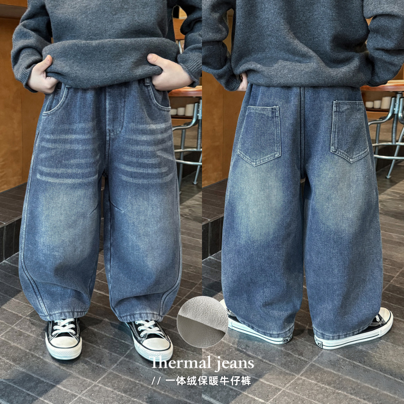 童酷男童冬款韩版磨白砂洗宝宝休闲裤百搭加绒加厚儿童牛仔裤