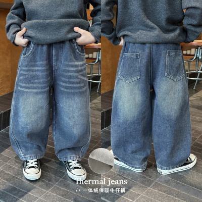 童酷男童冬款韩版磨白砂洗宝宝休闲裤百搭加绒加厚儿童牛仔裤