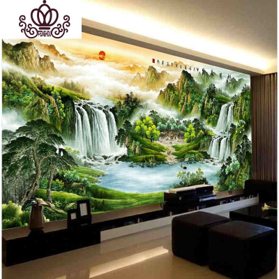 封后东升钻石画十字绣满钻2019新款客厅流水生财风景山水画《旭日东升》满钻全贴/魔方圆钻尺寸：210X83CM-送工