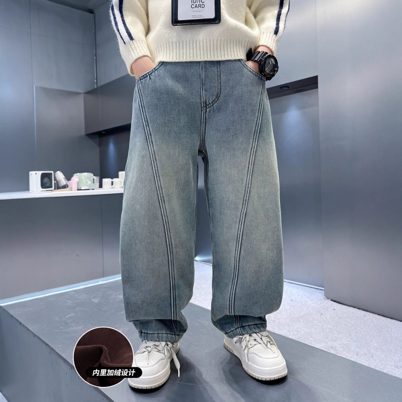 男童加绒裤子新款大儿童加厚长裤宽松秋冬一体绒直筒牛仔裤潮