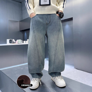 男童加绒裤子新款大儿童加厚长裤宽松秋冬一体绒直筒牛仔裤潮