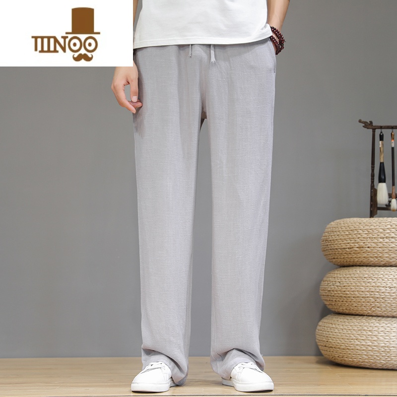 YANXU棉麻休闲裤男中国风夏季薄款宽松直筒阔腿裤亚麻透气休闲日系长裤