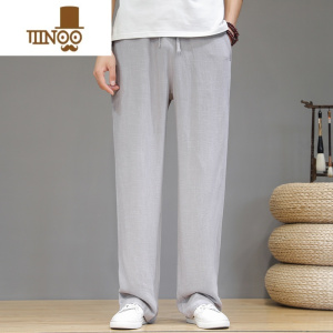 YANXU棉麻休闲裤男中国风夏季薄款宽松直筒阔腿裤亚麻透气休闲日系长裤